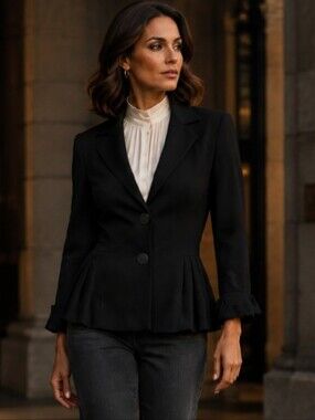 Luca Luca Black Virgin Wool Silk Lined Peplum Blazer Italy IT 44 US 8